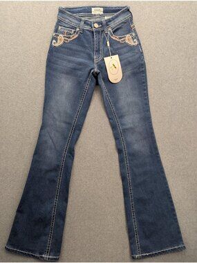 Angel Jeans Womens 0 Light Wash Low Rise Bootcut Paisley Embroidered Stretch